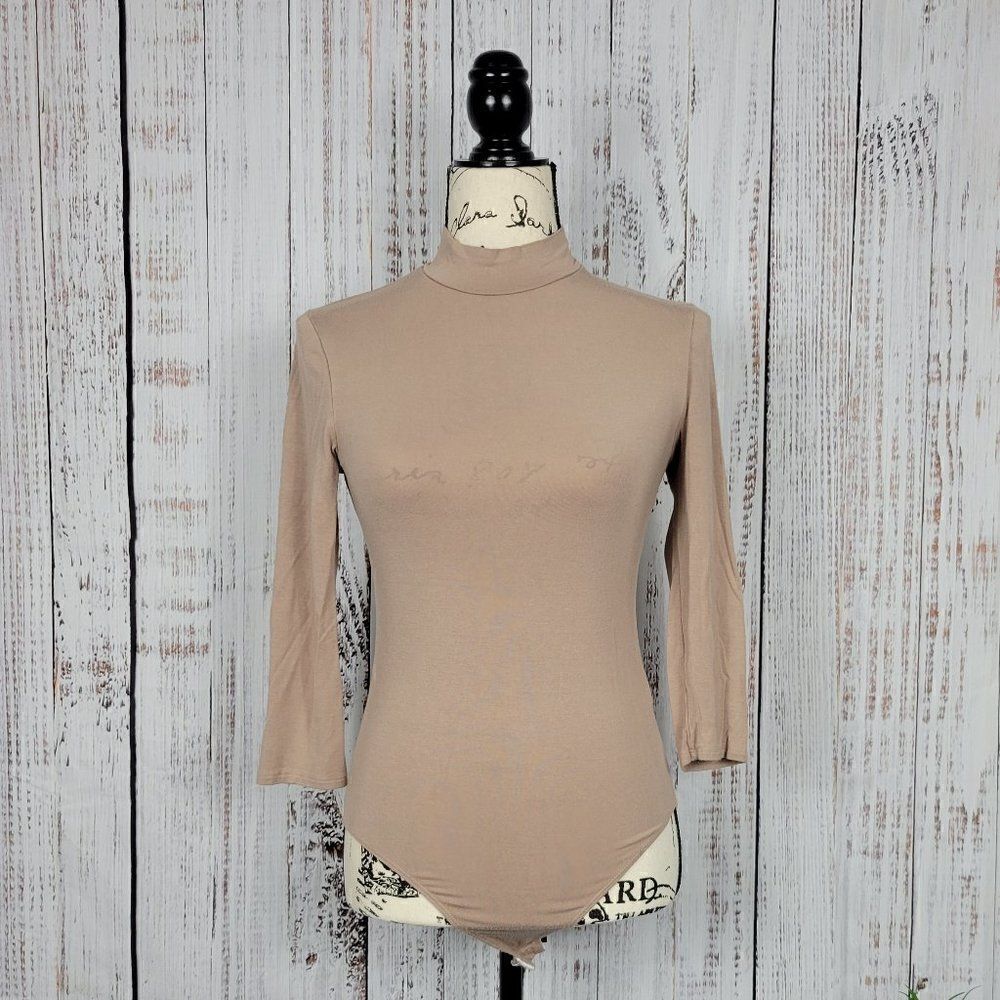 Publik Women's Caramel Brown Turtleneck 3/4 Sleeve Basic Bodysuit Blouse